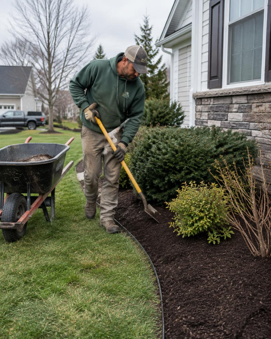 D&D Landscaping crew edging and mulching a garden bed in Bergen County
